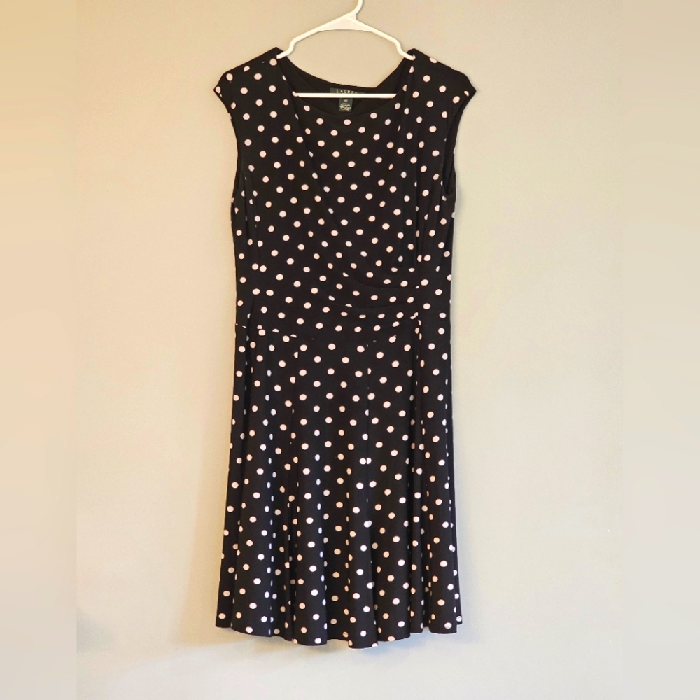 LAUREN by Ralph Lauren Navy Polka Dot Dress with boat neck in 12P
